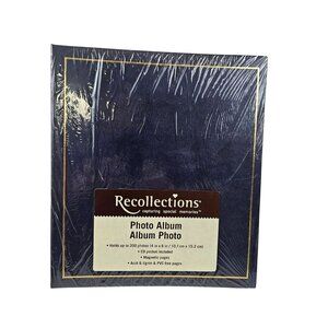 Recollections Photo Album Blue Gold Trim Magnetic Pages CD Pocket Photo Safe